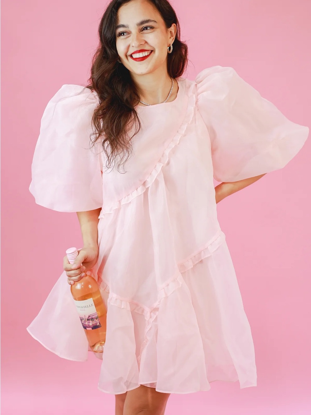 Mable Organza Puff Sleeve Babydoll Dress Light Pink Size L